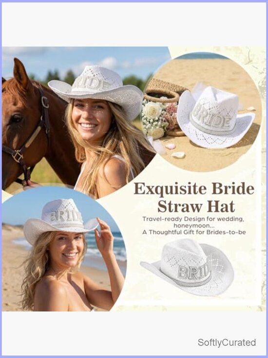 White Wide Brim Cowgirl Hat with Pearl Bride for Bachelorette Wedding main image 6